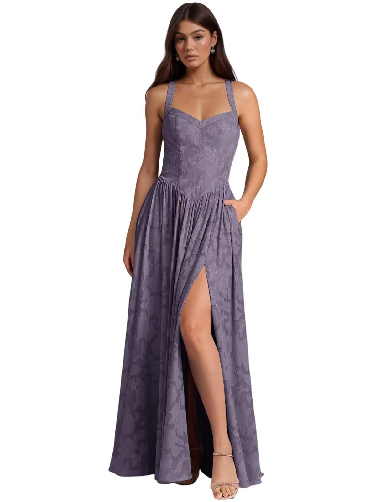 Jacquard Floral Lace Wedding Guest Dress Long Slit A Line Bridesmaid Dresses with Pockets Formal Gown
