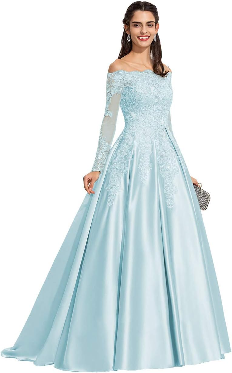 Vestidos de fiesta formales de satén con apliques de encaje y hombros descubiertos para mujer, con mangas largas