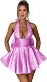 Satin Halter Homecoming Dresses for Teens 2027 V Neck Jacquard A-line Short Prom Cocktail Gowns with Bow