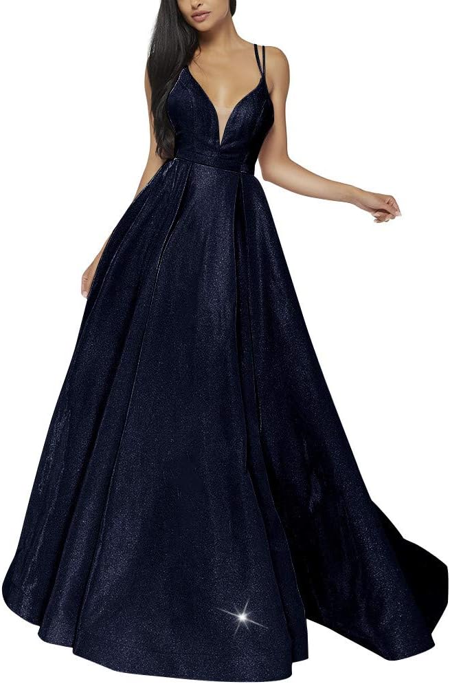 Women's Glittery Spaghetti V-Neck Prom Dresses Long Side Split Formal Evening Gowns