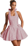 Satin Jacquard Halter Homecoming Dresses with Bow for Teens Mini A-Line Puffy Cocktail Corset Evening Party Gown