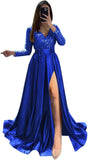 Long Sleeve Sequin Prom Dresses for Women 2027 Satin Formal Dress Sparkly Slit Evening Party Gown with Pocket