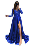 Long Sleeve Sequin Prom Dresses for Women 2027 Satin Formal Dress Sparkly Slit Evening Party Gown with Pocket