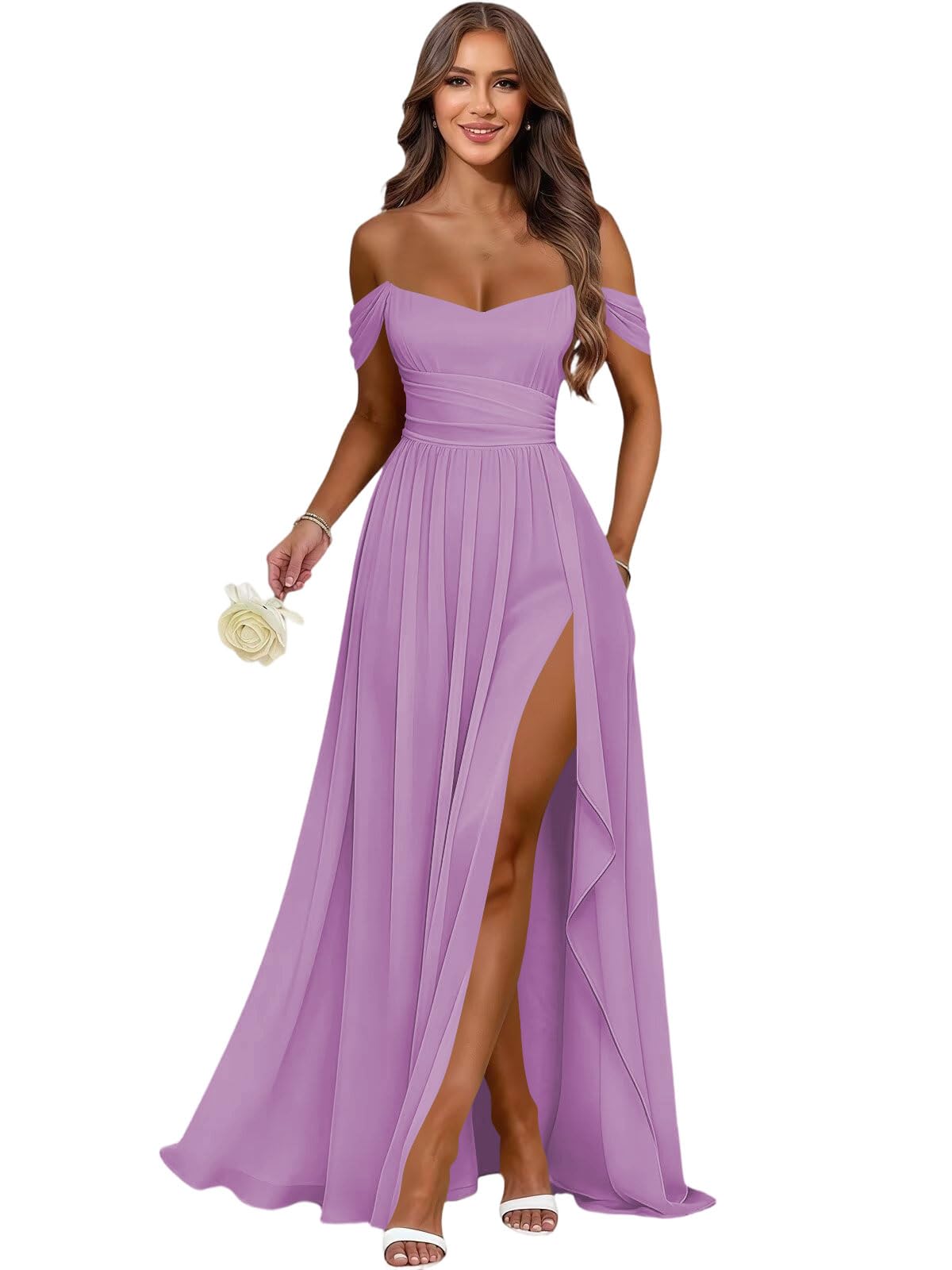 Women's Long Chiffon Bridesmaid Dresses with Slit Off Shoulder A-Line Formal Prom Evening Gown Maxi Wedding Guest Dress