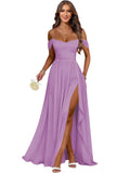 Women's Long Chiffon Bridesmaid Dresses with Slit Off Shoulder A-Line Formal Prom Evening Gown Maxi Wedding Guest Dress