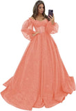 Puffy Sleeve Glitter Prom Dresses Women's Ball Gown Off Shoulder Formal Evening Gown Princess Quinceanera Dress