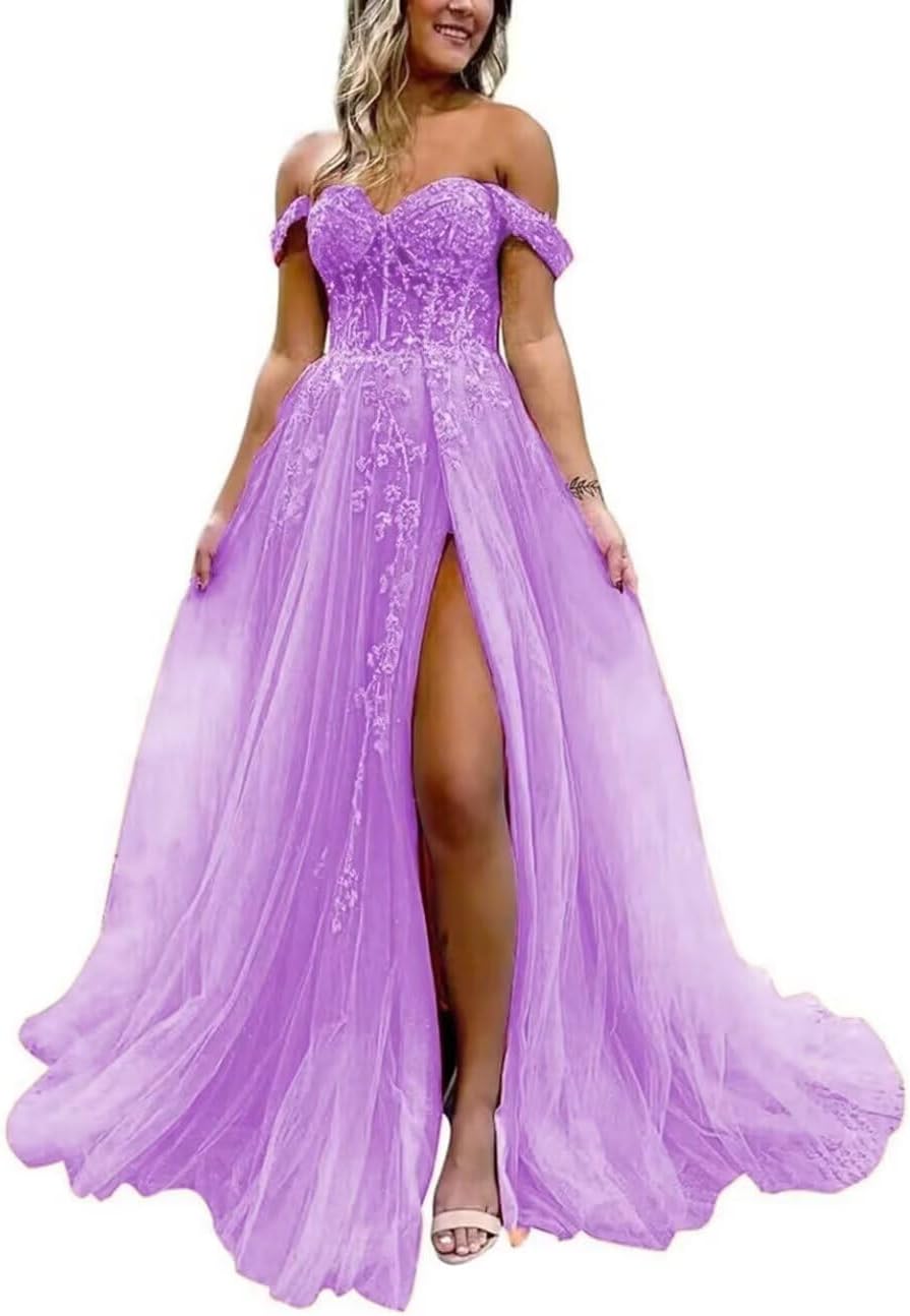 Off The Shoulder Tulle Prom Dress with Laces Applique A-line Slit Long Ball Gowns Glitter Formal Evening Dress