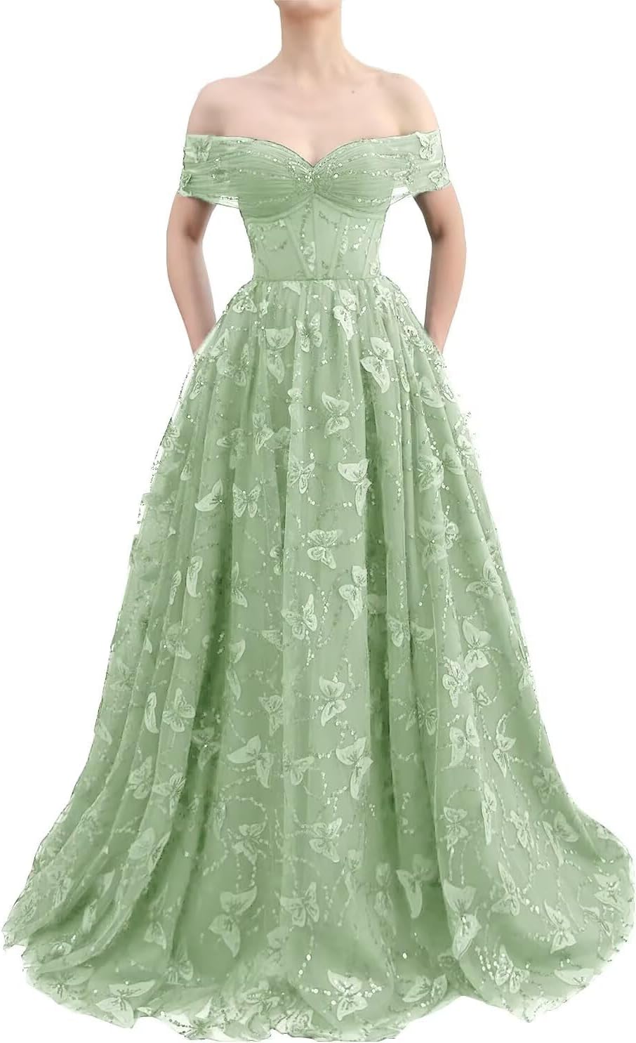 Sparkly Off Shoulder Tulle Prom Dresses with Butterfly Appliques Long A Line Formal Evening Party Gowns for Women