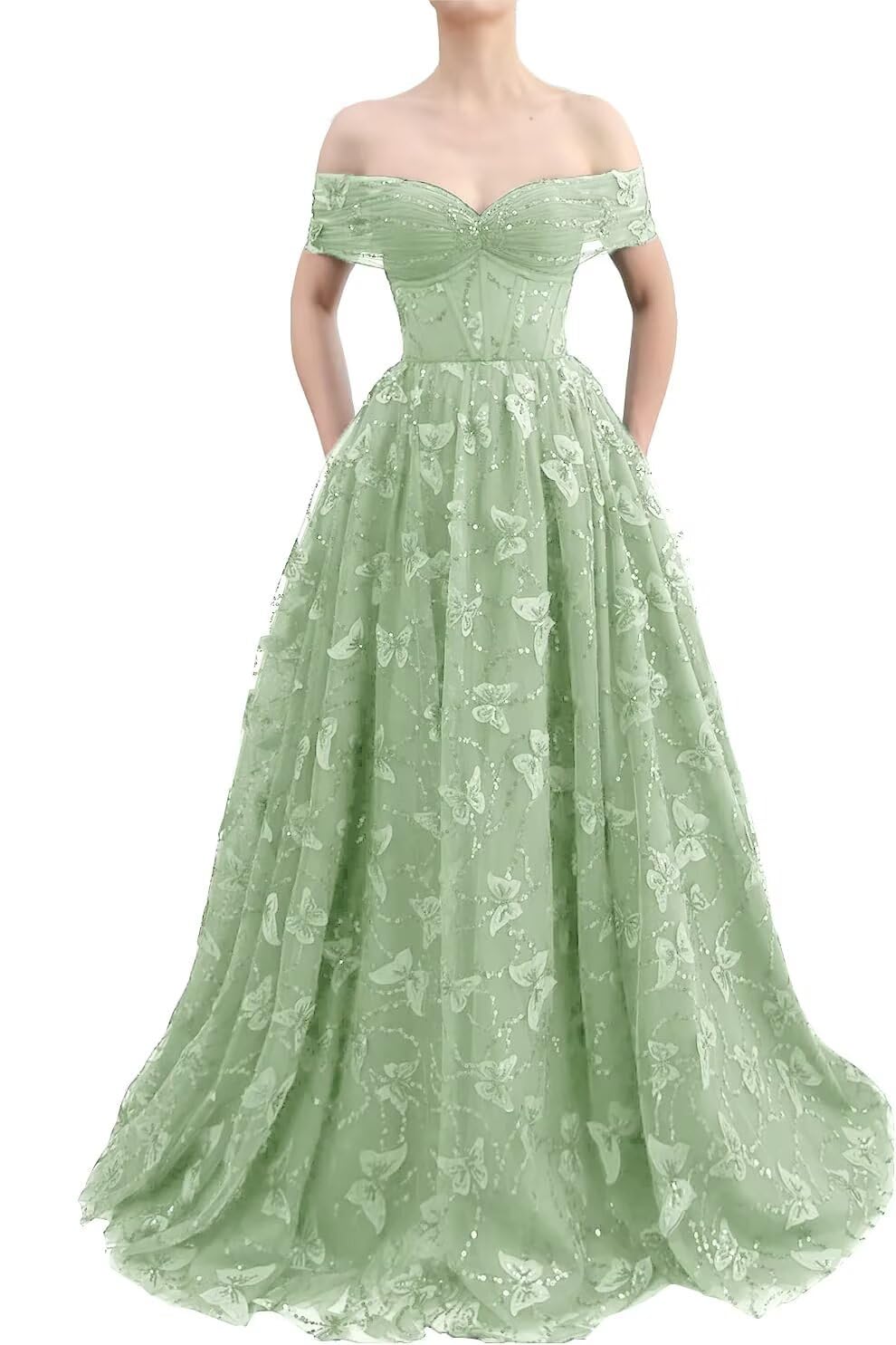 Sparkly Off Shoulder Tulle Prom Dresses with Butterfly Appliques Long A Line Formal Evening Party Gowns for Women