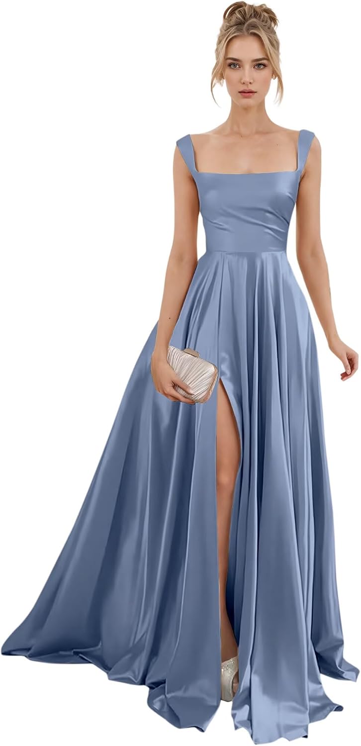 Spaghetti Straps Satin Bridesmaid Dresses for Women Long A-Line Square Neck Formal Evening Party Gown with Slit