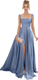 Spaghetti Straps Satin Bridesmaid Dresses for Women Long A-Line Square Neck Formal Evening Party Gown with Slit