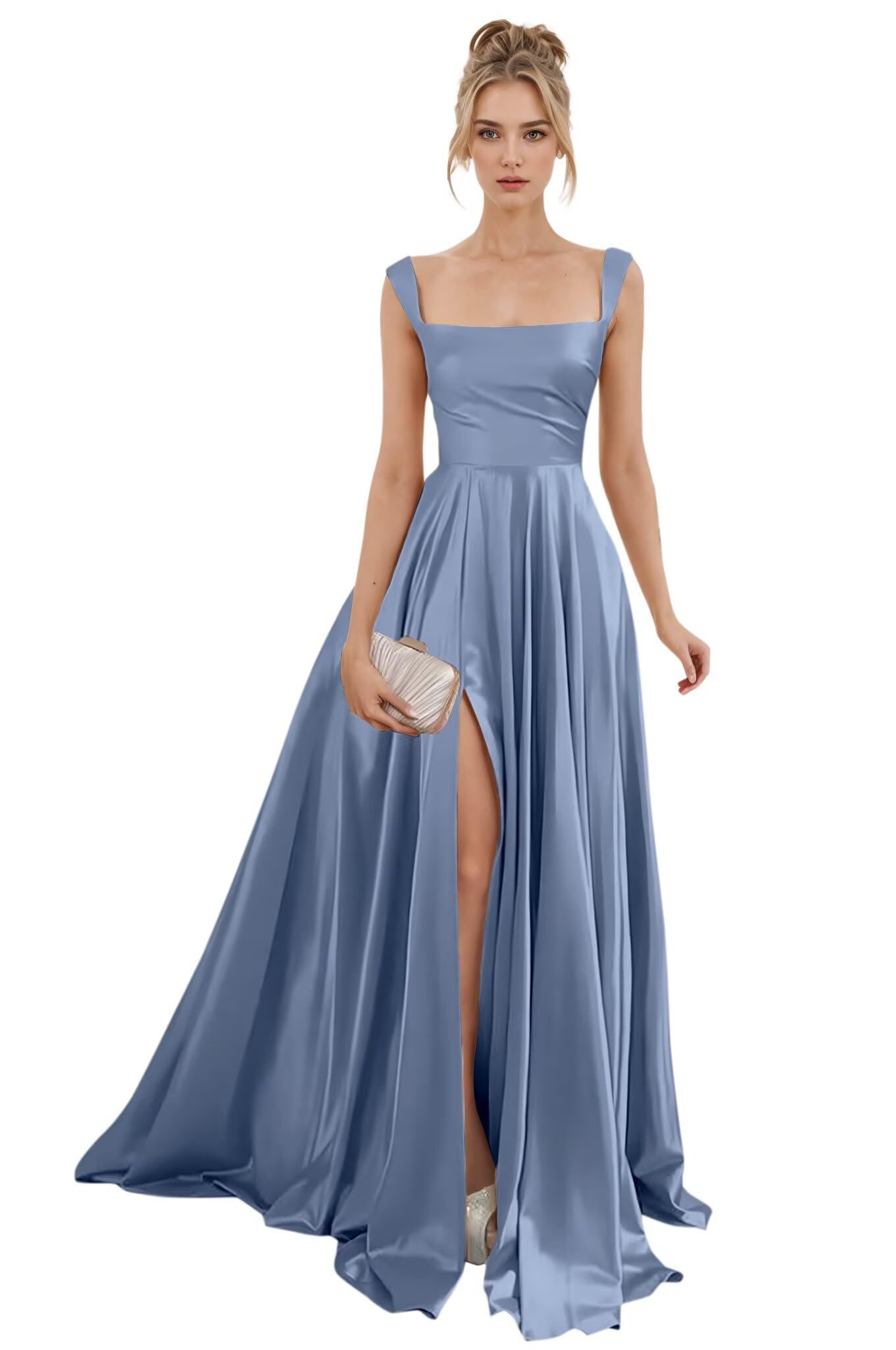 Spaghetti Straps Satin Bridesmaid Dresses for Women Long A-Line Square Neck Formal Evening Party Gown with Slit