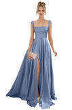 Spaghetti Straps Satin Bridesmaid Dresses for Women Long A-Line Square Neck Formal Evening Party Gown with Slit
