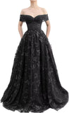 Sparkly Off Shoulder Tulle Prom Dresses with Butterfly Appliques Long A Line Formal Evening Party Gowns for Women