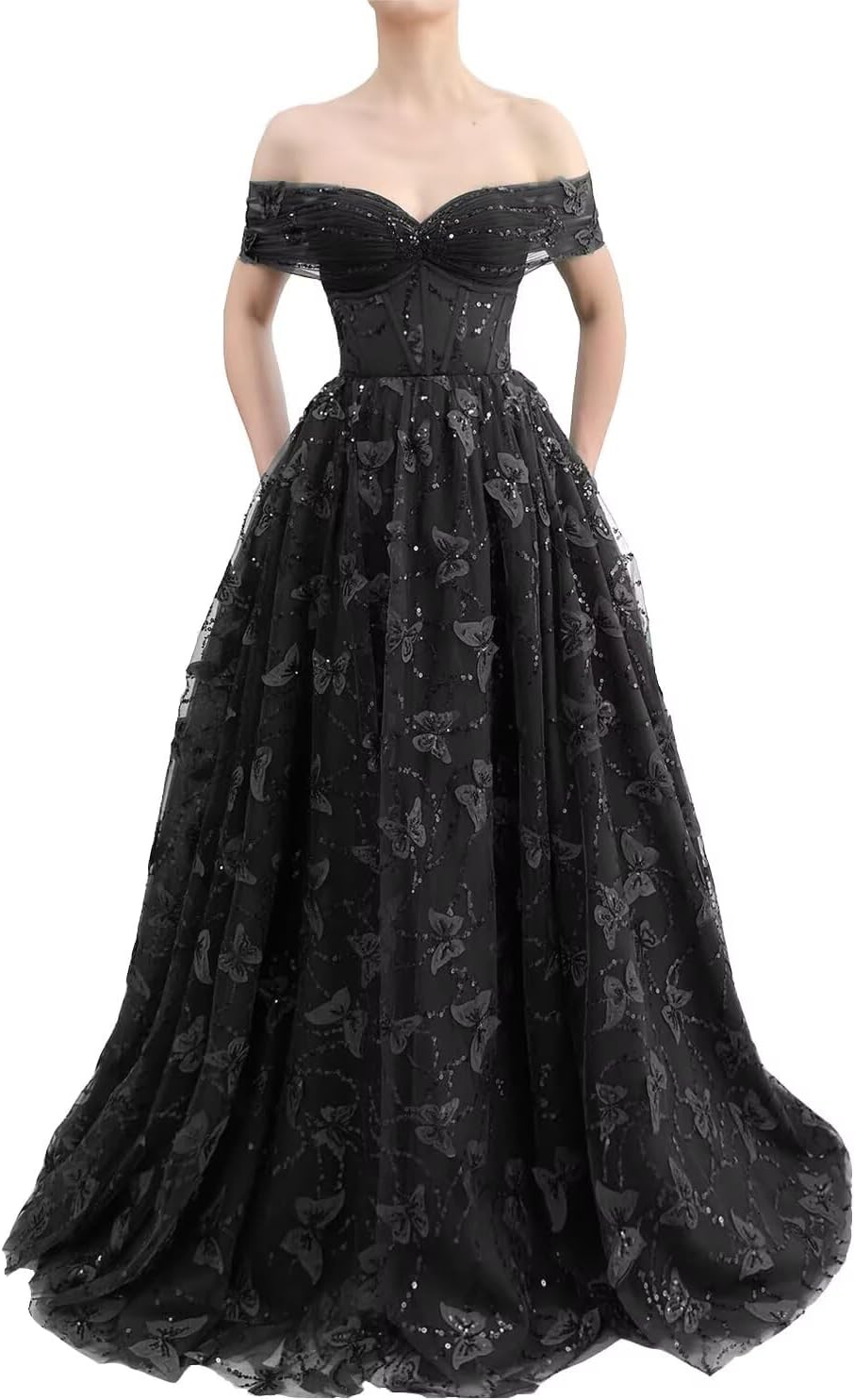 Sparkly Off Shoulder Tulle Prom Dresses with Butterfly Appliques Long A Line Formal Evening Party Gowns for Women