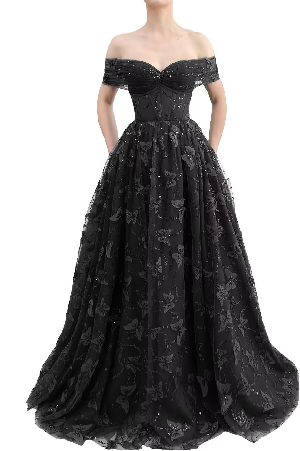 Sparkly Off Shoulder Tulle Prom Dresses with Butterfly Appliques Long A Line Formal Evening Party Gowns for Women