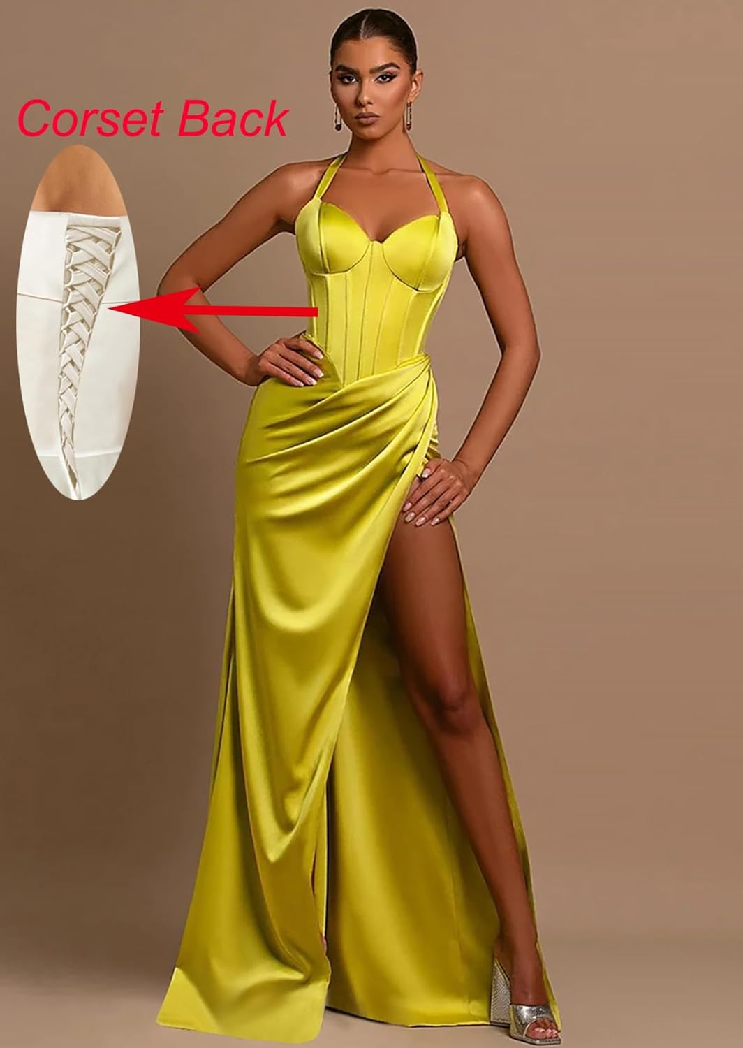 Women's Satin Halter Prom Dresses with Slit Ruched Long Corset Formal Evening Party Gown