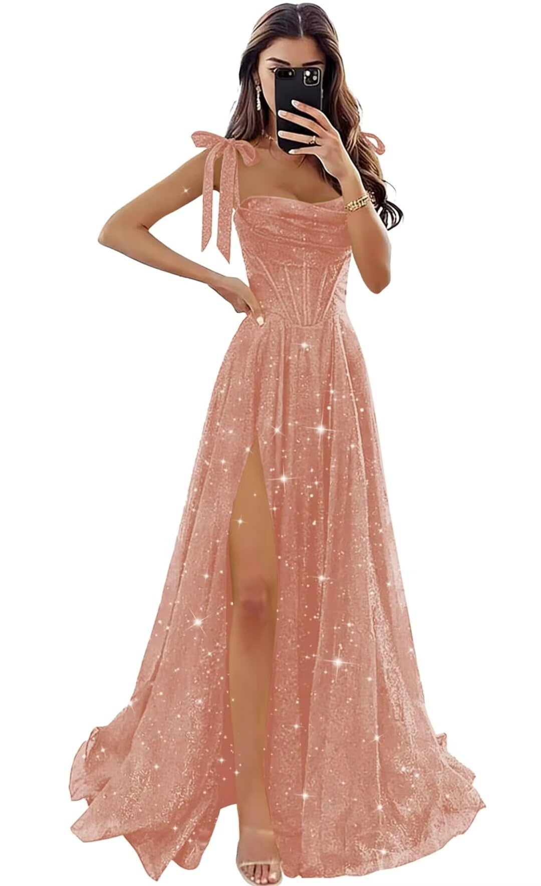 Tulle Prom Dresses with Slit Spaghetti Straps A Line Maxi Long Formal Dress