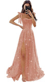 Sparkly Tulle Prom Dresses with Slit Spaghetti Straps A Line Maxi Long Formal Dress