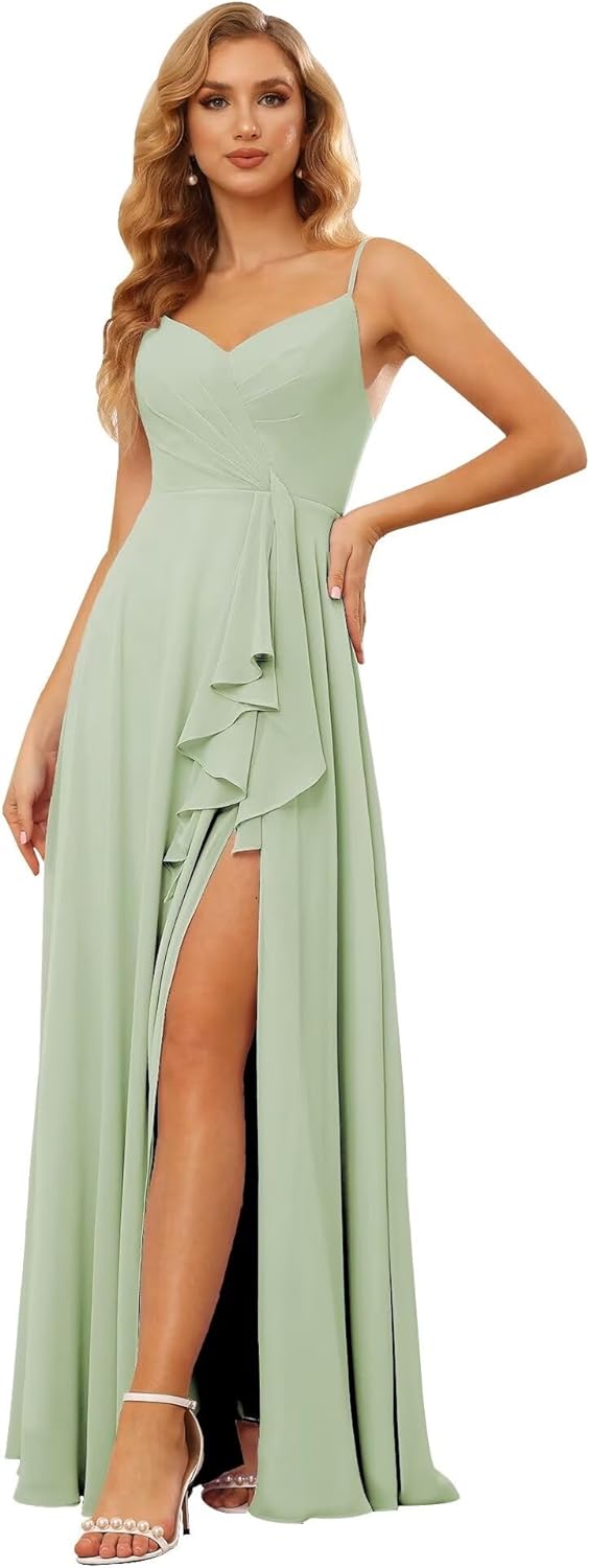 Vestidos de dama de honor largos de gasa con tirantes finos y bolsillos, vestidos formales con volantes y abertura para mujer 