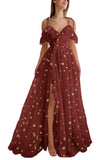 Tulle Cold Shoulder Long Sparkly Prom Dress Starry Ruffle Hem Slit Formal Party Dress Evening Gowns
