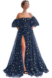 Off Shoulder Sparkly Tulle Long Prom Dress A Line for Women Formal Evening Dresses