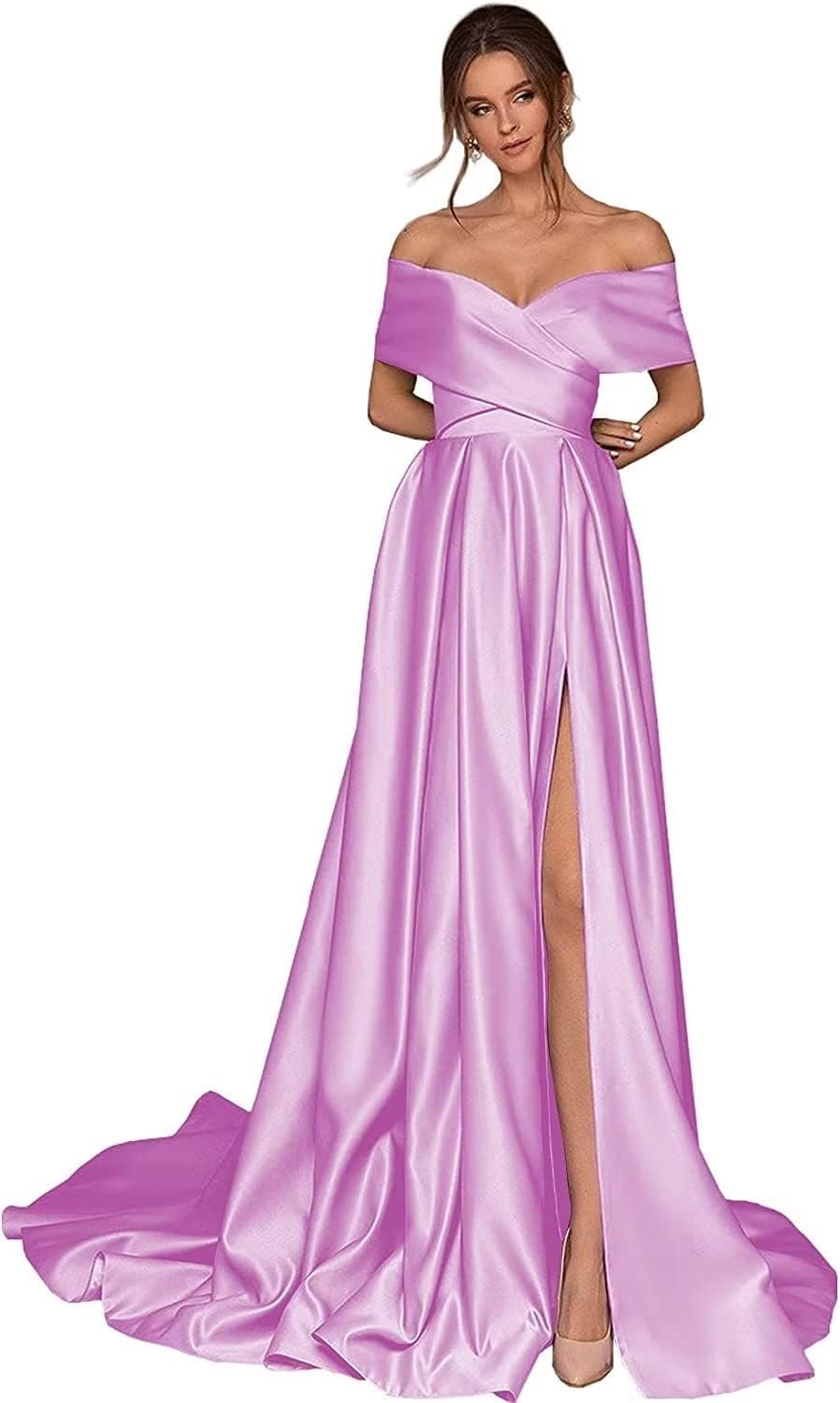 Women's Off Shoulder Long Prom Dresses with Slit 2025 Satin A-Line Sweetheart Corset Formal Evening Dresses with Pockets