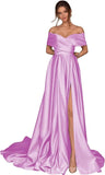 Women's Off Shoulder Long Prom Dresses with Slit 2025 Satin A-Line Sweetheart Corset Formal Evening Dresses with Pockets