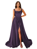 Cowl Neck Satin Prom Dresses Corset Ball Gown Long Puffy A-Line Formal Evening Gown with Slit