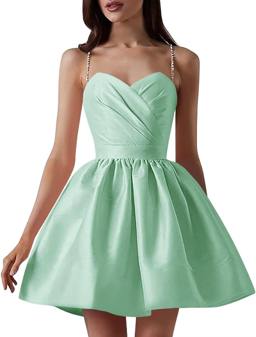 Satin Homecoming Dresses for Teens Spaghetti Straps Short Prom Dress A-Line Cocktail Wedding Guest Dress