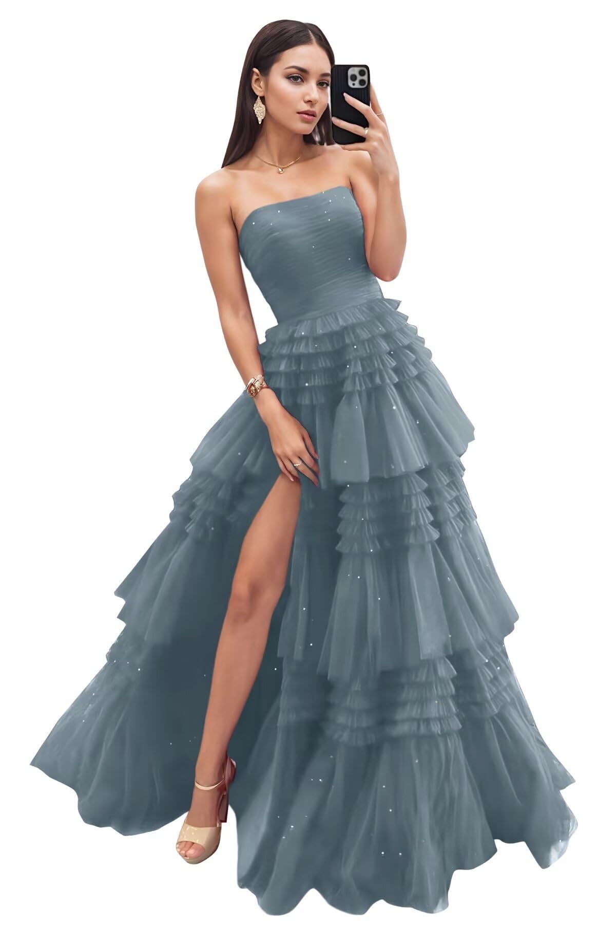 Strapless Tiered Tulle Prom Dresses for Women 2027 Long Sparkly A-Line Formal Evening Party Ball Gowns with Slit