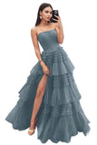Strapless Tiered Tulle Prom Dresses for Women 2027 Long Sparkly A-Line Formal Evening Party Ball Gowns with Slit