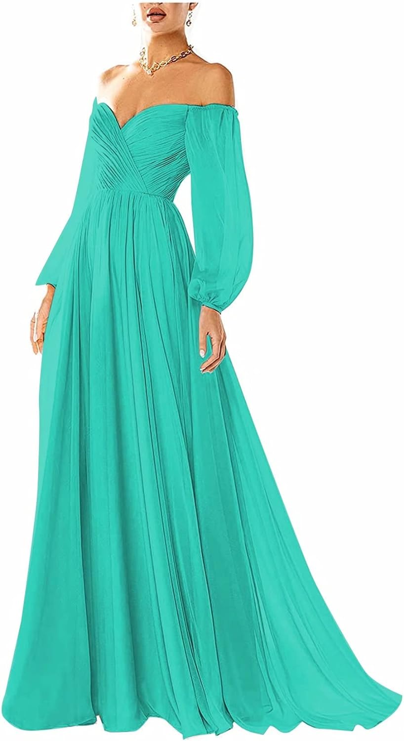Vestido de fiesta con hombros descubiertos, manga larga, estilo formal, plisado, corte A, para mujer