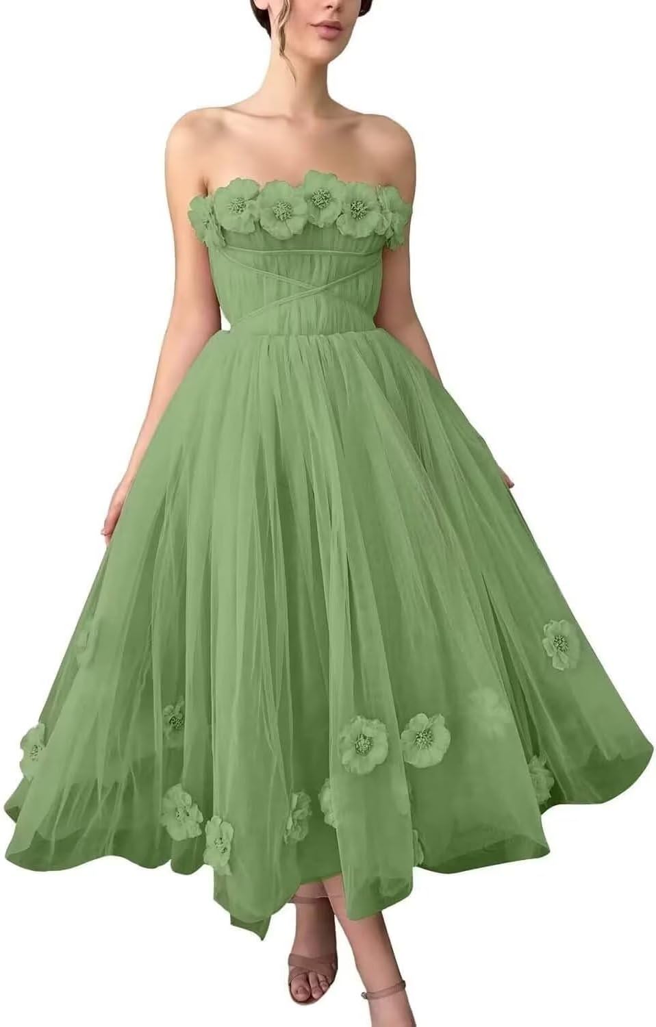 Women's 3D Flower Off Shoulder Tea Length Whimsical Prom Dress, A Line Strapless Tulle Formal Evening Party Gown