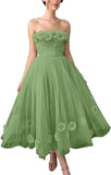 Women's 3D Flower Off Shoulder Tea Length Whimsical Prom Dress, A Line Strapless Tulle Formal Evening Party Gown