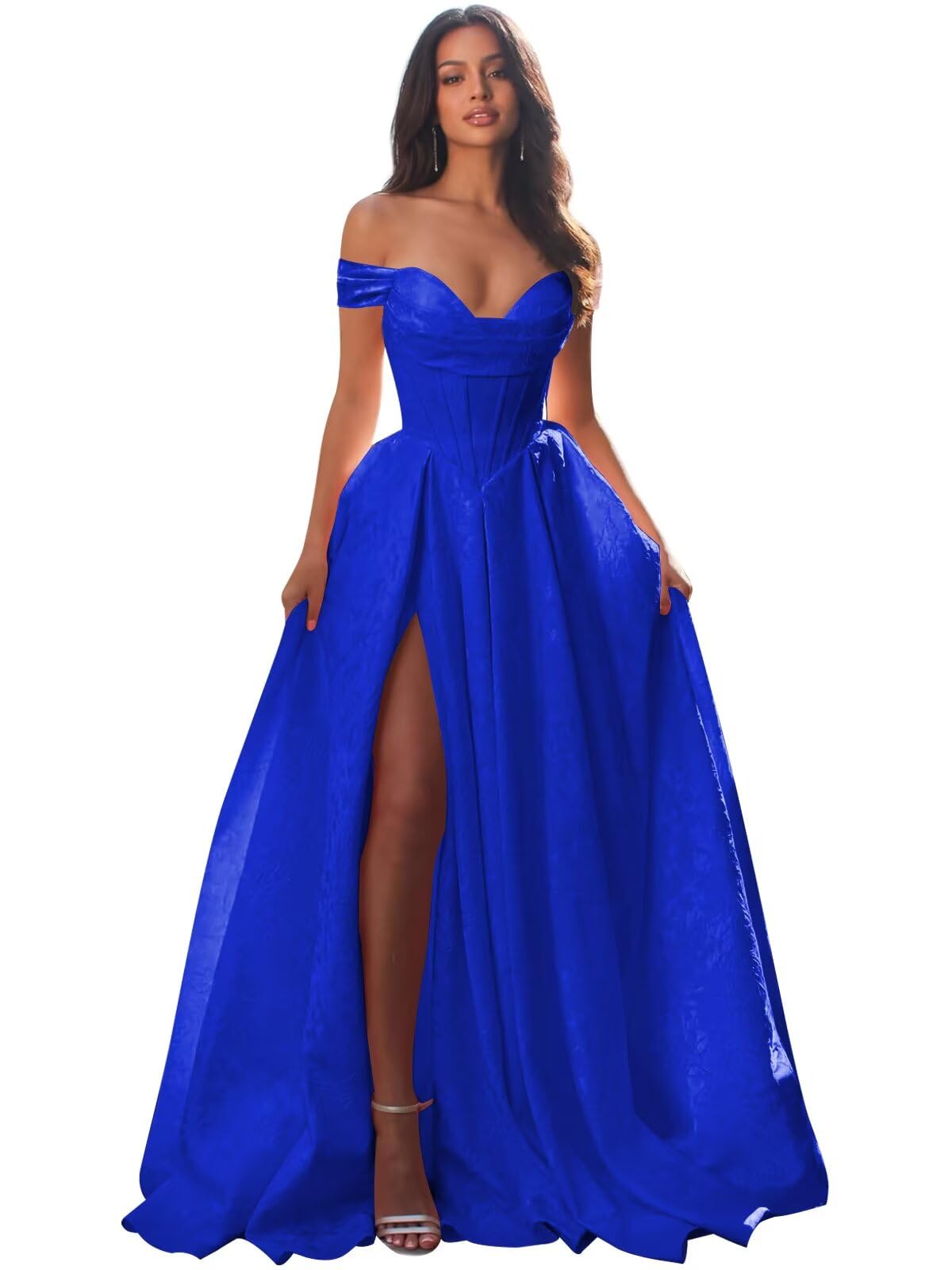 Jacquard Satin Prom Dresses Off the Shoulder Corset A Line Long Formal Gown Sweetheart Neck Party Dress with Slit