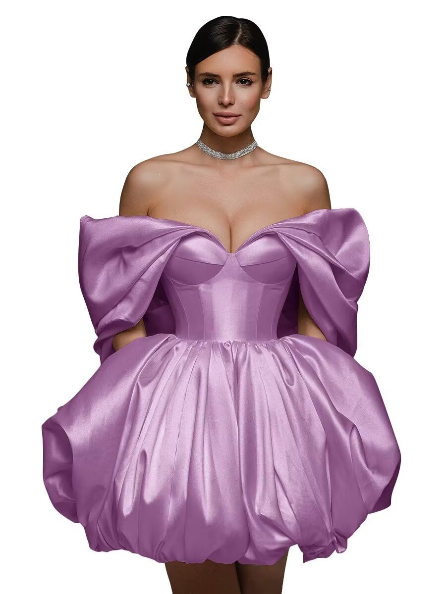 Off The Shoulder Short Wedding Dresses for Bride Puffy Satin Bridal Dresses w/Pockets Strapless Formal Ball Gowns