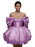 Off The Shoulder Short Wedding Dresses for Bride Puffy Satin Bridal Dresses w/Pockets Strapless Formal Ball Gowns