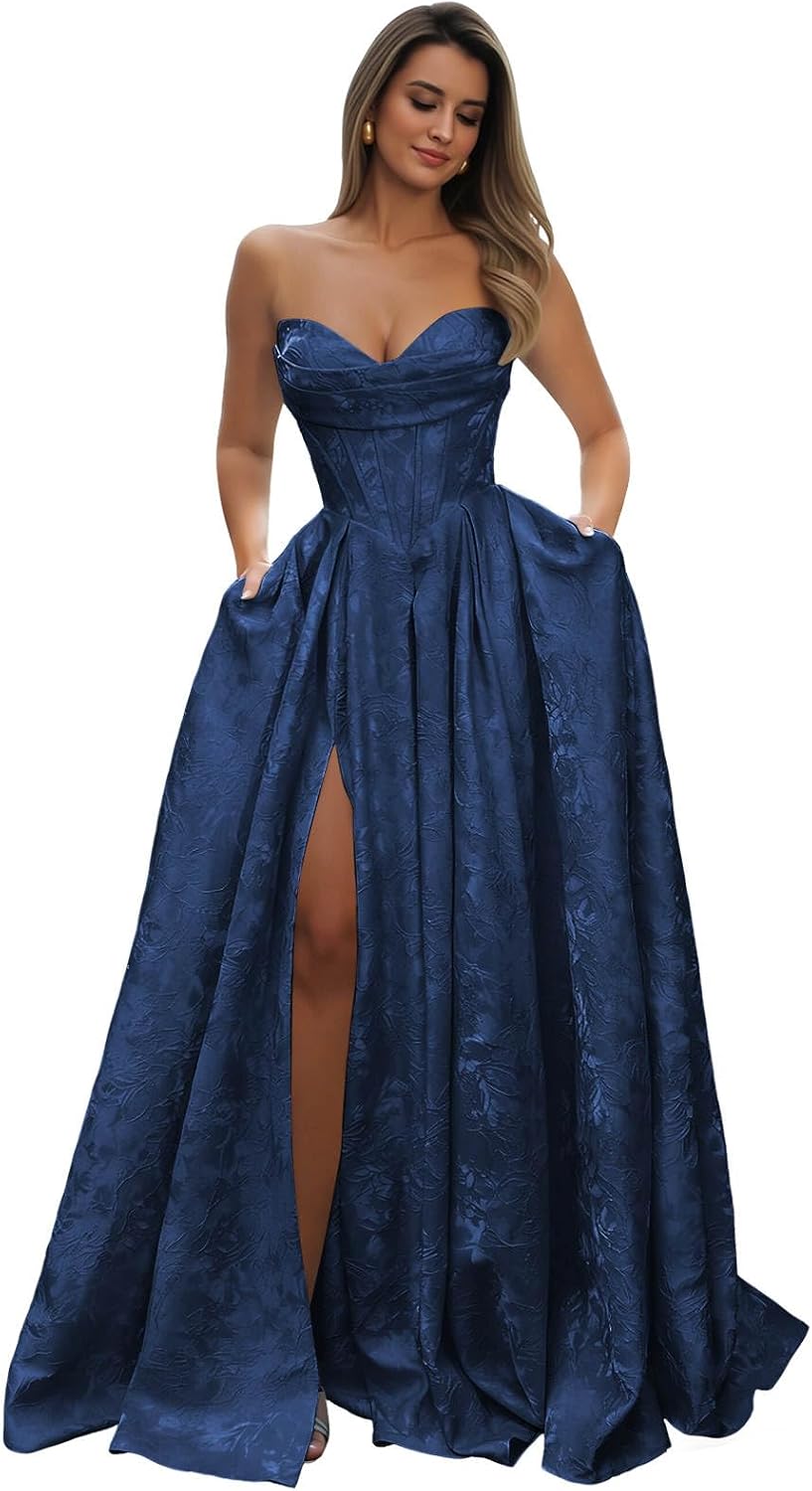 Strapless Prom Dress Jacquard Satin Ball Gown Pleated A Line Long Corset Formal Evening Dresses with Slit Pockets