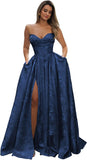 Strapless Prom Dress Jacquard Satin Ball Gown Pleated A Line Long Corset Formal Evening Dresses with Slit Pockets