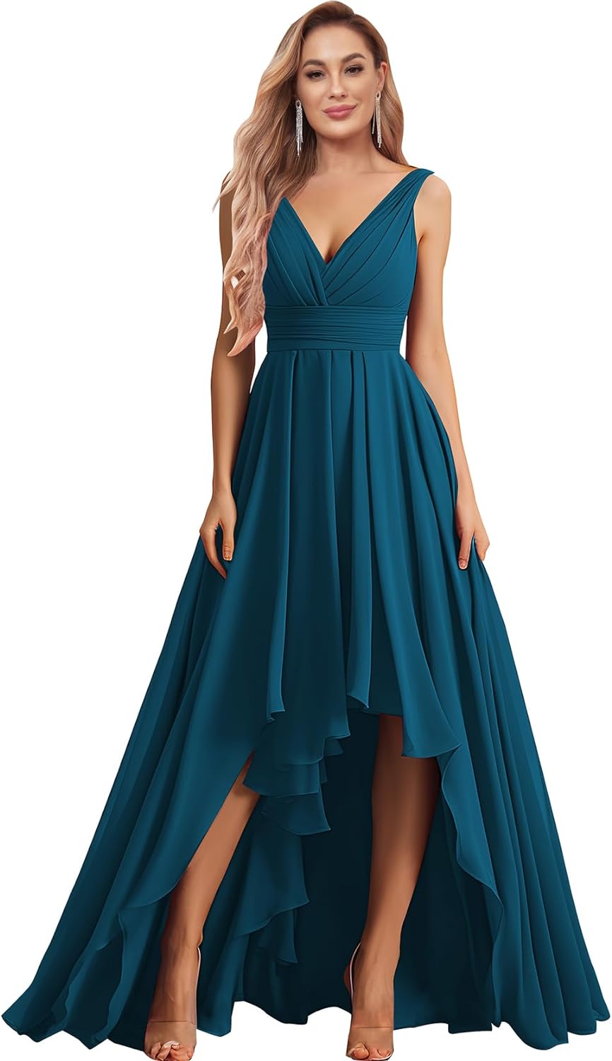 Vestidos de dama de honor con escote en V para mujer, para boda, con bolsillos, de gasa fruncida, largos, formales, para fiesta de graduación y noche.