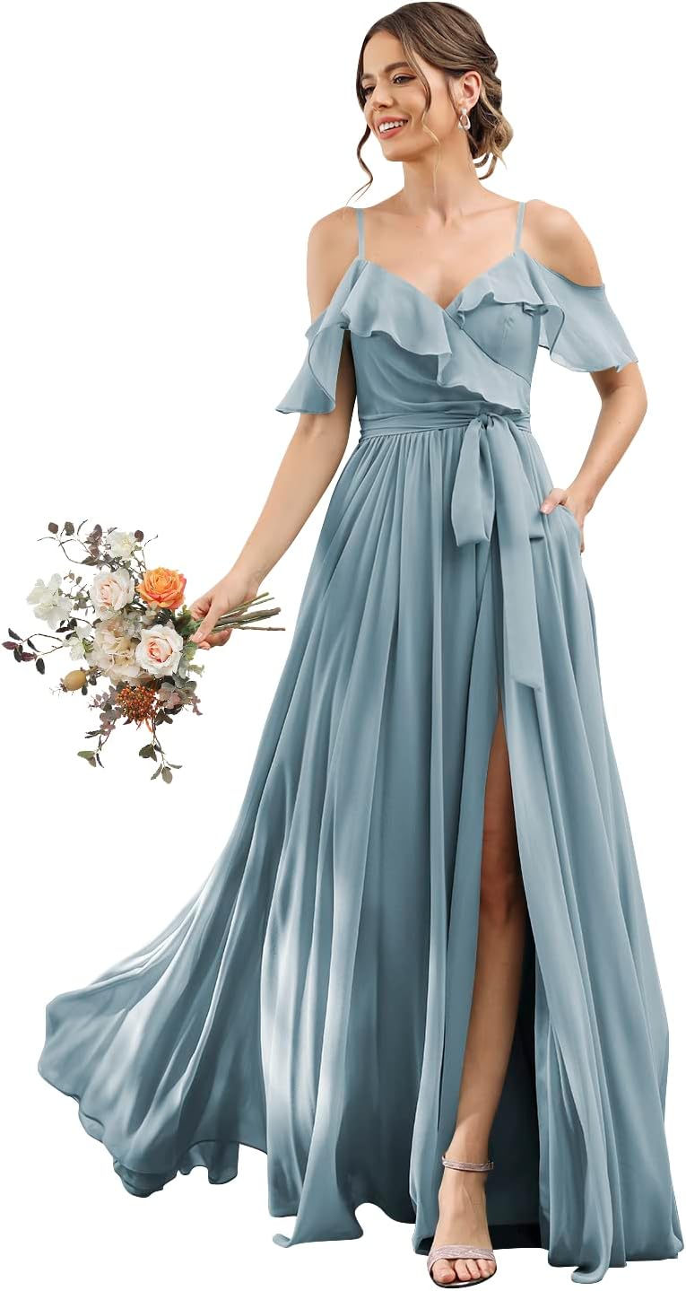 Women's Bridesmaid Dresses with Slit Long Cold Shoulder Chiffon Formal Party Dress with Pockets