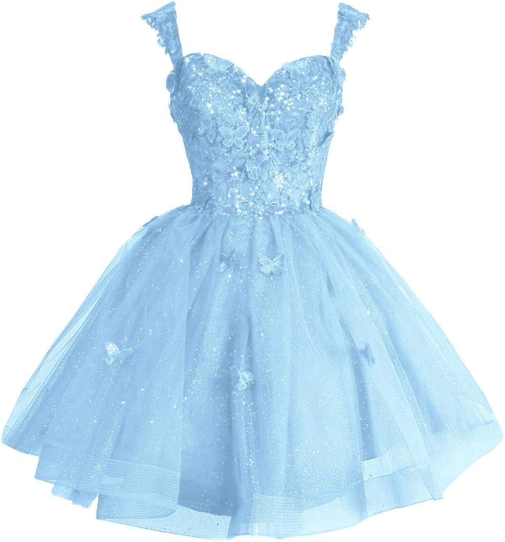 Off Shoulder Glitter Tulle Homecoming Dresses for Teens 3D Butterfly Short Prom Dress Sequin Quinceanera Dresses