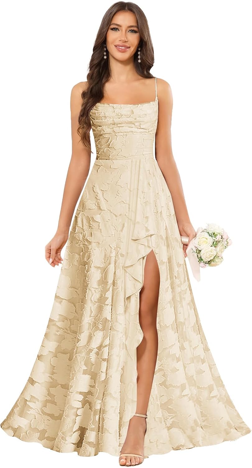Women’s Ruffled Bridesmaid Dresses Scoop Neck Floral Chiffon Formal Dress Wrap Pleated Wedding Guest Dress