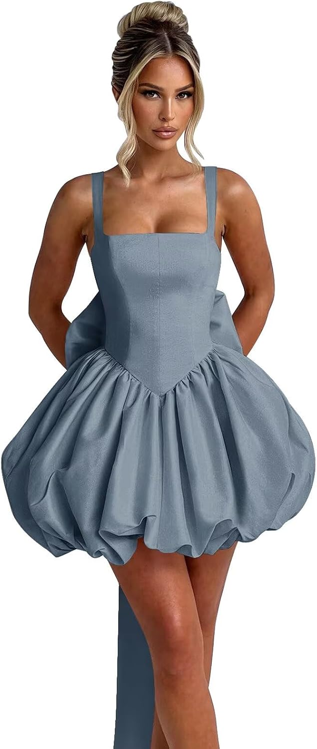 Puffy Satin Homecoming Dresses Mini A-line Short Prom Dress with Bow Cocktail Party Gown