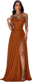 Strapless Prom Dress with Slit Satin A Line Long Ball Gowns for Women Sweetheart Corset Formal Dress with Pockets