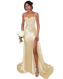 Lace Satin Prom Dresses for Women 2026 Long Mermaid Spaghetti Straps Corset Formal Evening Party Dress with Slit