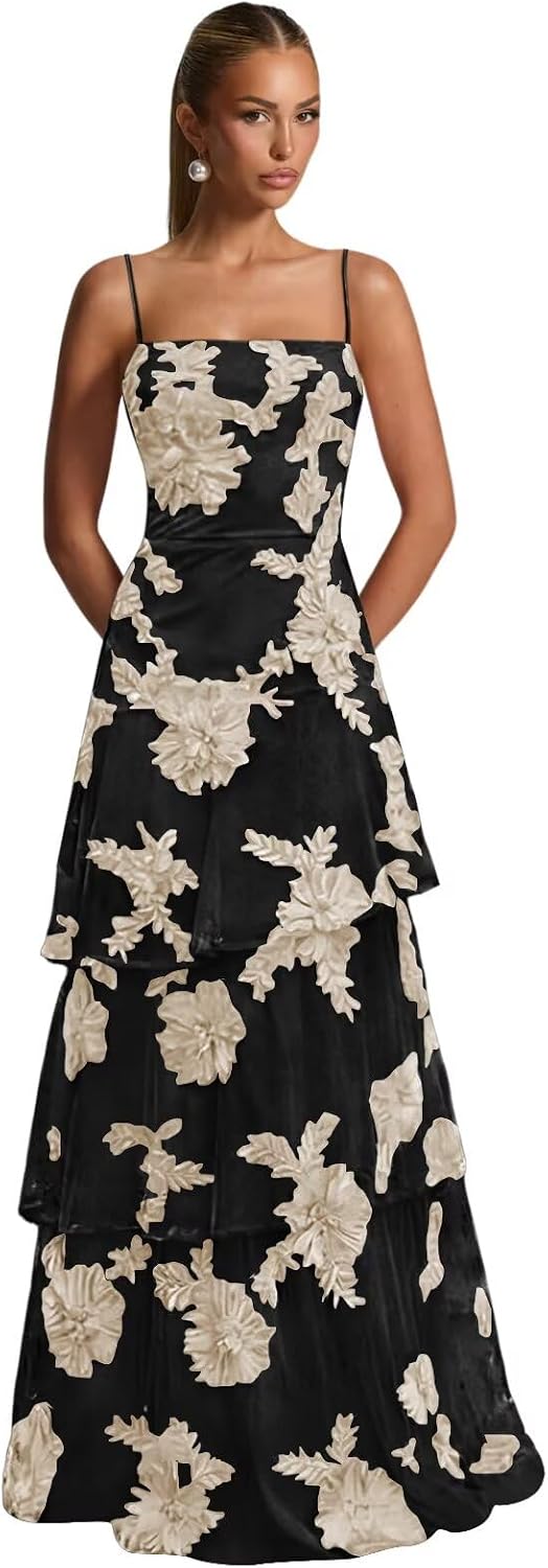 Ruffle Floral Embroidery Prom Dress Long A Line Tiered Bridesmaid Dresses Formal Evening Gowns