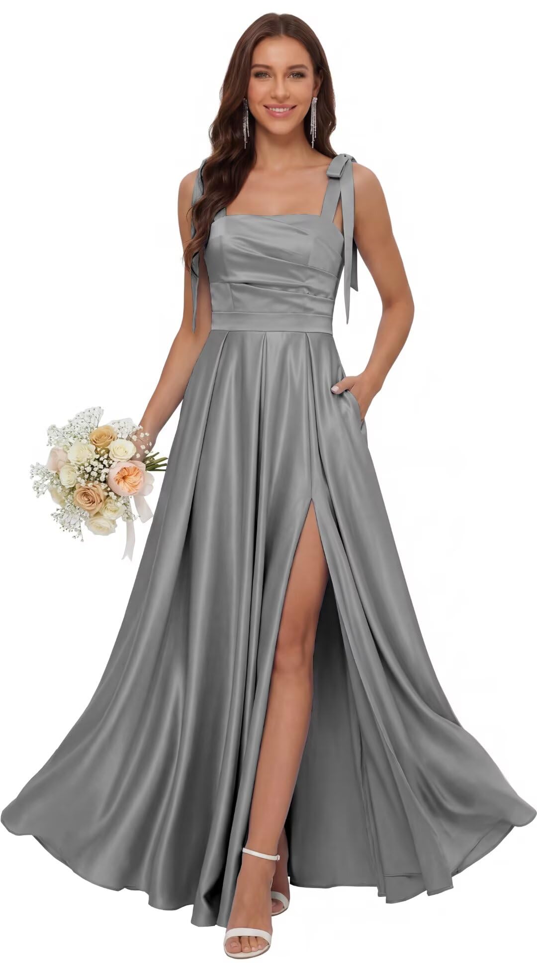 Satin Bridesmaid Dresses with Slit Spaghetti Straps Square Neck Long Formal Dress