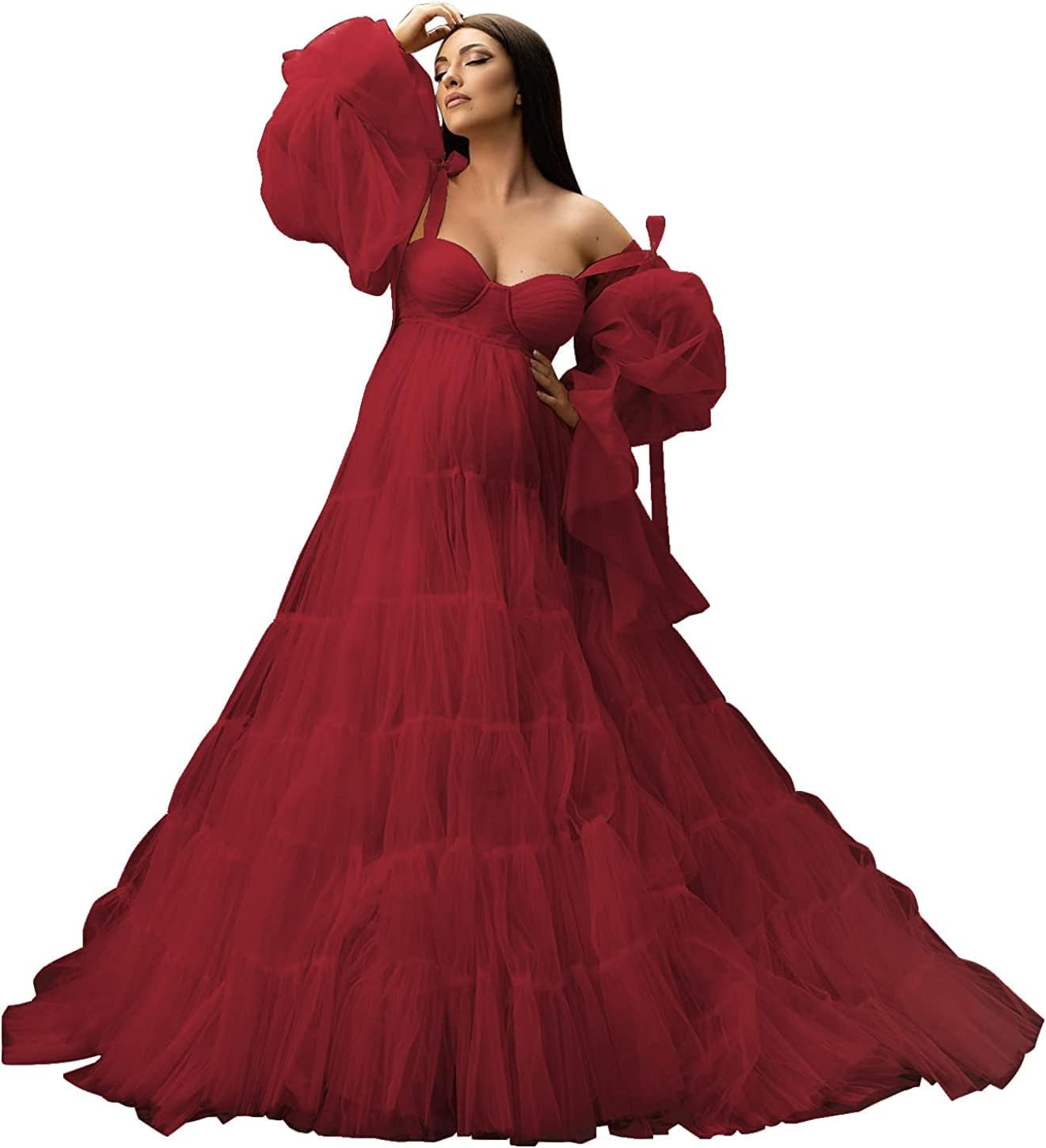 Womens Tulle Robe Maternity Dress for Photoshoot Off Shoulder Bridal Lingerie Maternity Gowns for Babyshower